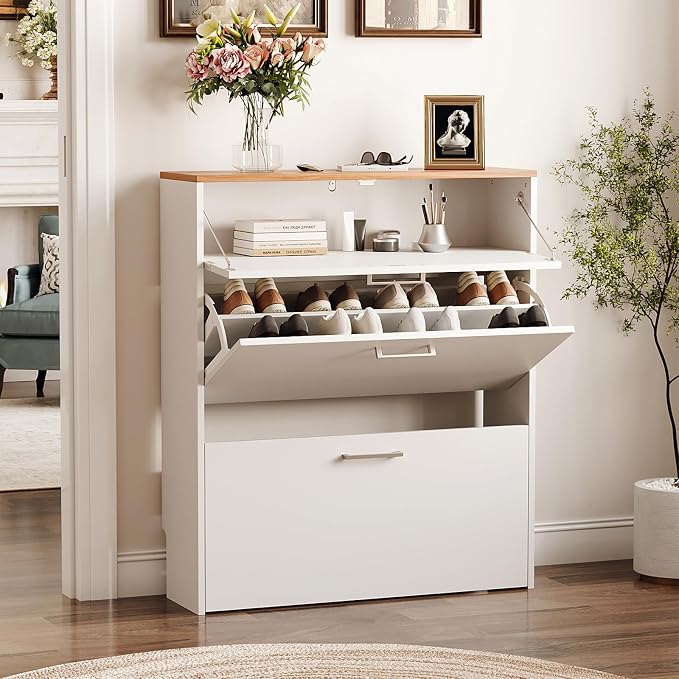 VINGLI Set of 2 Shoe Cabinet for Entryway, 2-Pack 31.5" W Extra Wide Slim Shoe Organizer with 2 Flip & 1 Drop-Down Drawers, Modern White Shoes Rack with Oak Top, Narrow Cabinet for Hallway