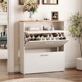 VINGLI Shoe Cabinet for Entryway, Slim Shoe Rack Storage Organizer with 3 Flip Drawers, Modern White Hidden Shoe Shelf with Oak Top, Narrow Free Standing Sneaker Cabinet for Hallway, 9.5" Depth