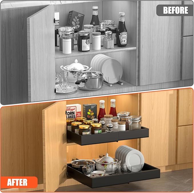 4 Pack Expandable Pull Out Cabinet Organizer | fixed by nano adhesive film, no drilling,heavy duty sliding drawer,suitable for kitchen, pantry cabinet storage