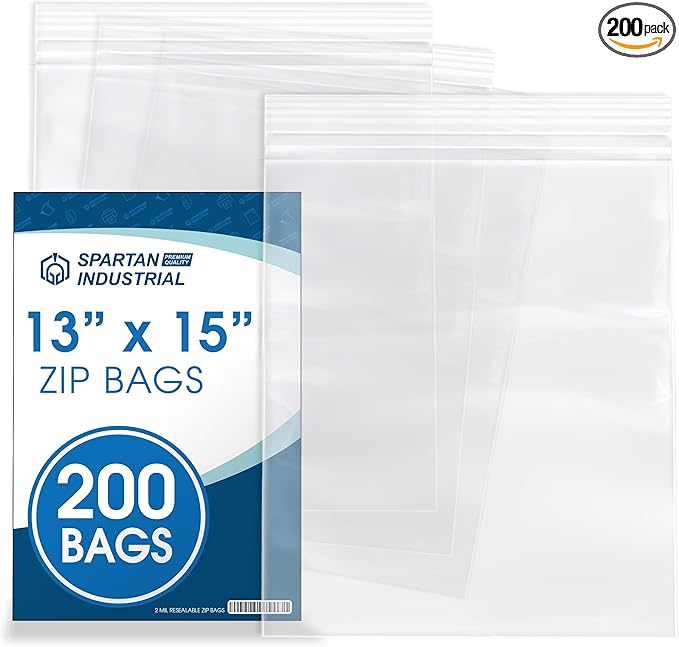Spartan Industrial - 13” X 15” (200 Count) 2 Gallon Clear Reclosable Zip Plastic Poly Bags with Resealable Lock Seal Zipper - 2 Mil