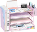 OPNICE Desk Organizer, 4-Tier Desktop File Organizer with Drawer and Pen Holders, Office Desk Accessories, File Sorters, Workspace Organizers for Office Supplies(Pink)