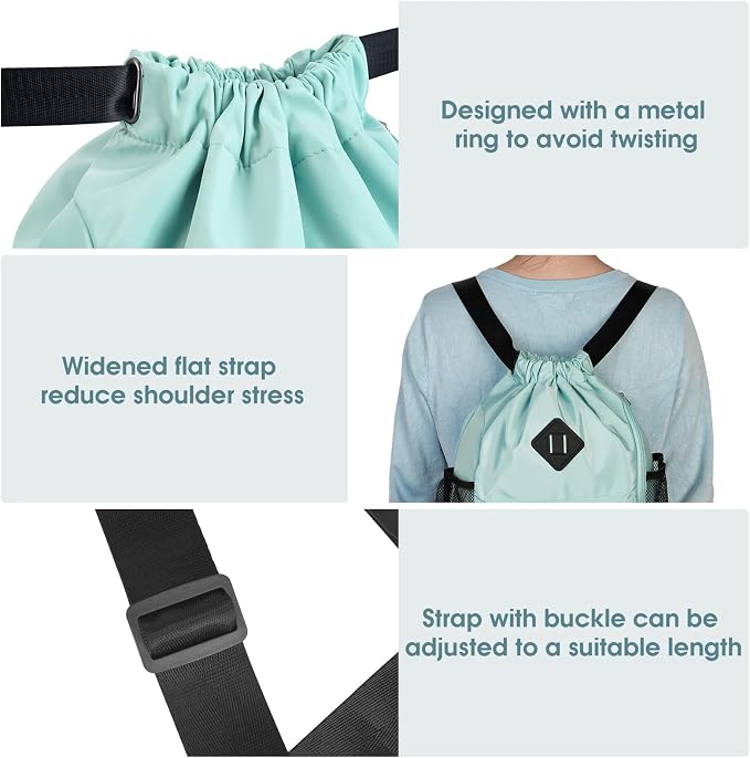 WANDF Drawstring Backpack with Shoe Compartment, Sports Gym Bag | Multi-Pocket Storage, Water-Resistant Fabric, Cinch String Bag