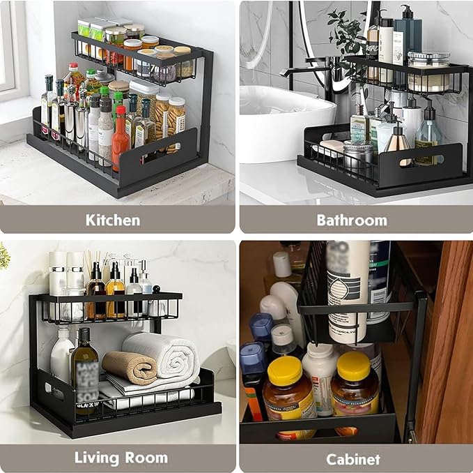 Under Sink Organizer, Pull Out Cabinet Storage 2 Tier Slide Out Sink Shelf, Kitchen Organizers and Storage, Black, 1 Pack