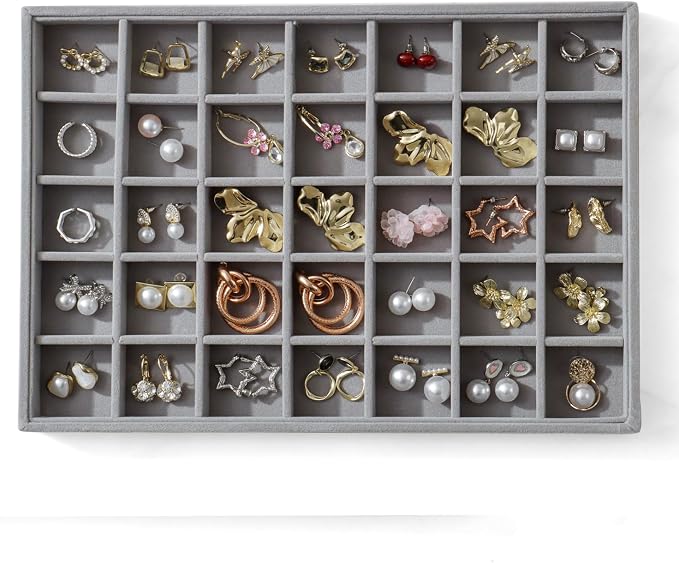 Large Jewelry Organizer for Drawer Insert Velvet Stackable Jewelry Trays for Earring Necklace Bracelet Ring Display (Gray, 35 Grids)