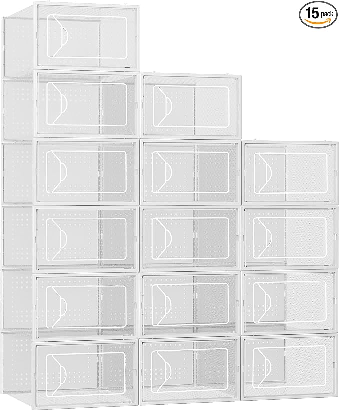 Foluck Shoe Storage Box, 15 Pack Clear Plastic Stackable Organizer for Closet, Interlocking Design Shoes Container Bins for Sneakers, Foldable Shoe Rack with Lids, White