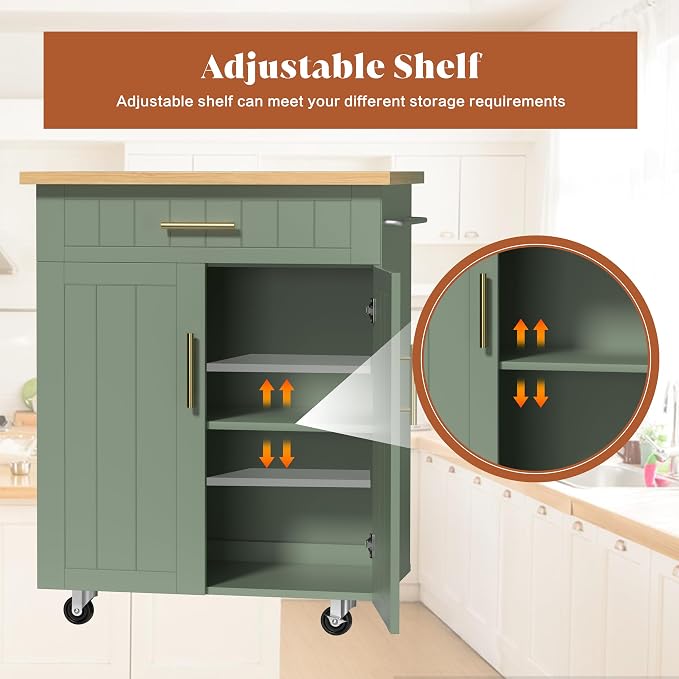 SUNLEI Rolling Kitchen Island Cart with Storage & Drawer – 26" Portable Kitchen Cart with Lockable Wheels, Towel Rack & Open Shelves for Kitchen, Dining Room, Living Room(Green)