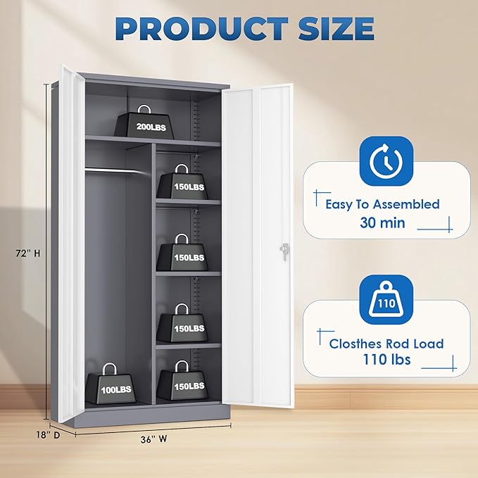 INTERGREAT Wardrobe Cabinets with Locking Doors and Shelves, Clothing Locker 72“ X 36“ X 18“ Storage Cabinets for Home Room, School, Employee,Gym (Gray White)