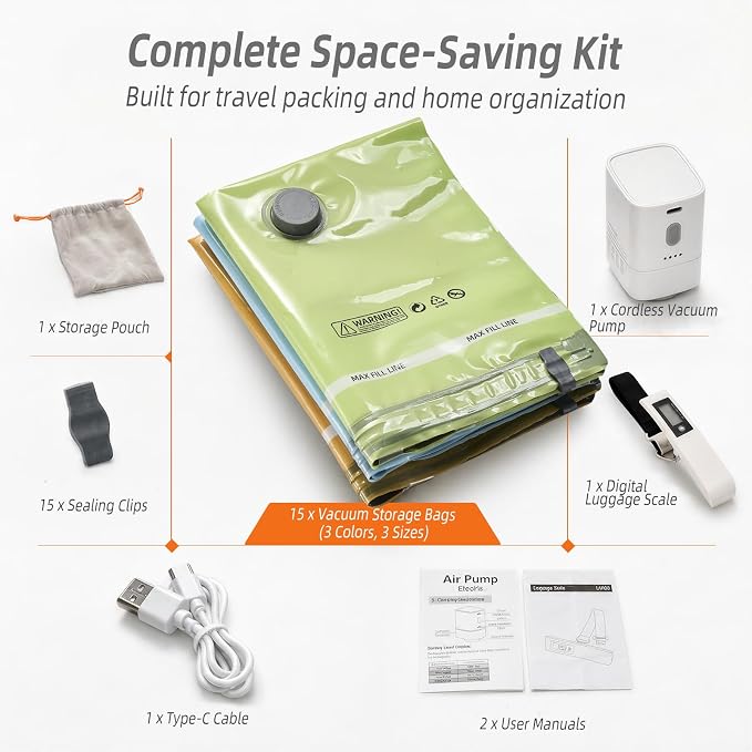 HOUSE DAY 15 Pack Vacuum Bags for Travel with 4500Pa Cordless Pump & Luggage Scale, 3-Color Vacuum Seal Bags for Clothing, Space-Saving Compression Bags for Moving, Dorm Organization & Home Storage