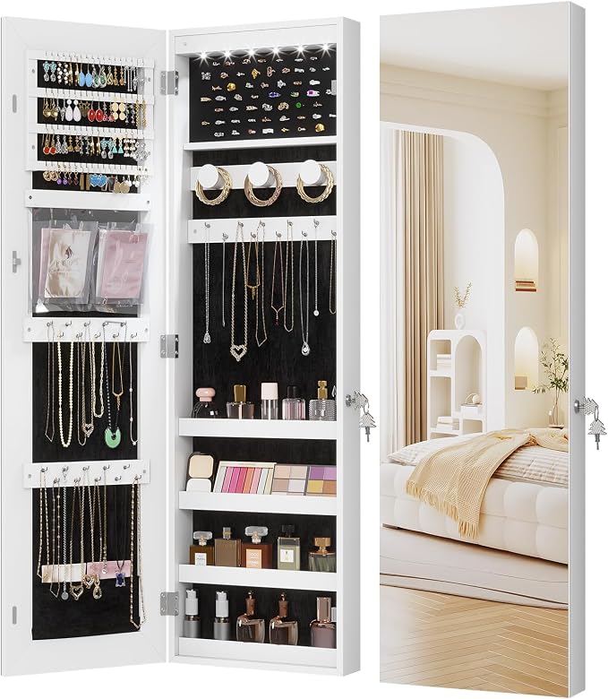 Wall Door Mounted Jewelry Cabinet 6 LED Jewelry Mirror Storage Organizer | Over the Door Jewelry Armoire Organizer, Lockable Full Length Mirror Hanging Jewelry Storage for Women (White-pro)