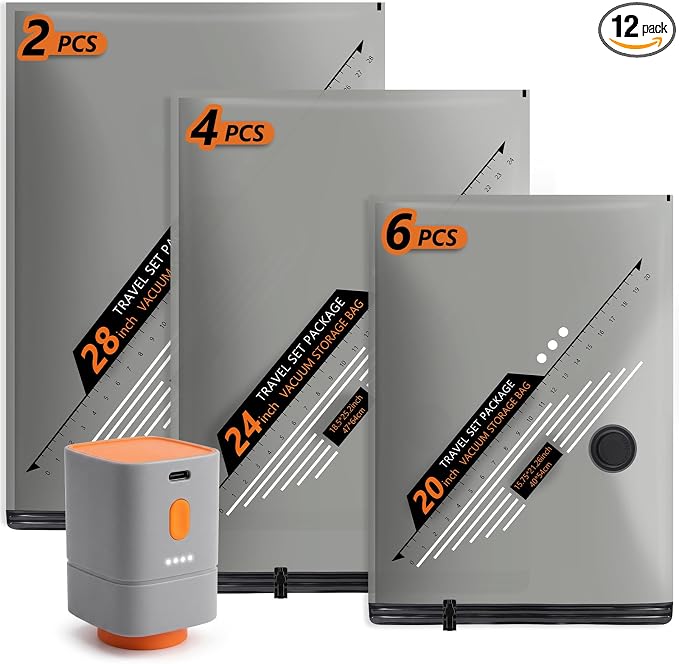 Rechargeable Wireless Pump Travel Vacuum Bags Set,Vacuum Storage Bags Portable Space Saver Bags for Travel, Home, Vacuum Compression Packing Seal for Clothes Seasonal Storage 12 Combo Set