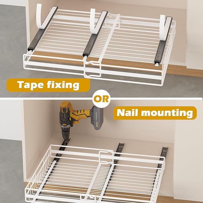 REALINN 2 Pack Pull Out Cabinet Organizer, Expandable(12"-20") Slide Out Drawers 3 Slide Rails Fix with Adhesive or Screw, Roll Out Shelves for Kitchen Cabinet Organization, White, 12cm height