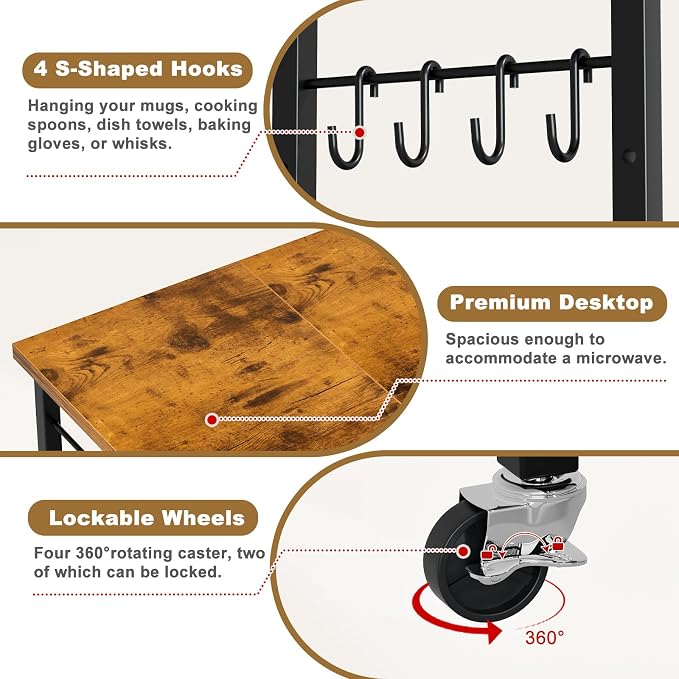 Rolling Kitchen Microwave Cart, 3 Tier Microwave Stand with Wheels, Bathroom Organizers and Storage Shelf, Coffee Bar Table Station, Utility Side Table for Kitchen, Living Room Office, Brown
