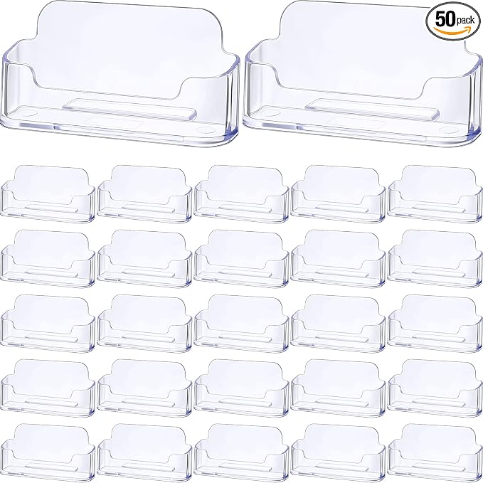 Leinuosen 50 Pack Business Card Holder for Desk Acrylic Business Card Holder Display Clear Label Stand Label Table Desktop Organizer for Home and Office