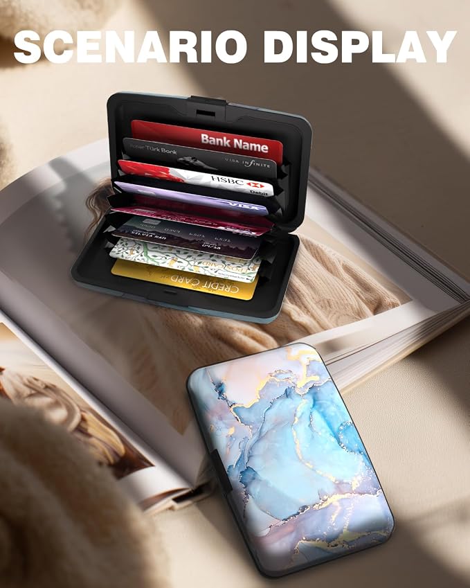 Maicican Credit Card Holder, Mini RFID Blocking Aluminum Wallet | Slim Metal Hard Case Travel Wallet ID Case for Women and Men, 4.3 x 2.9 Inches, Blue Marbling