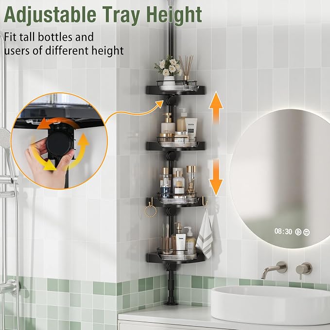 shuang qing 360° Rotating Corner Shower Caddy Tension Pole Organizer, 4-Tier Adjustable Shower Shelves, Rustproof Metal Pole with Safety Guardrail, Bathroom Storage for Shower & Bathtub (Black)