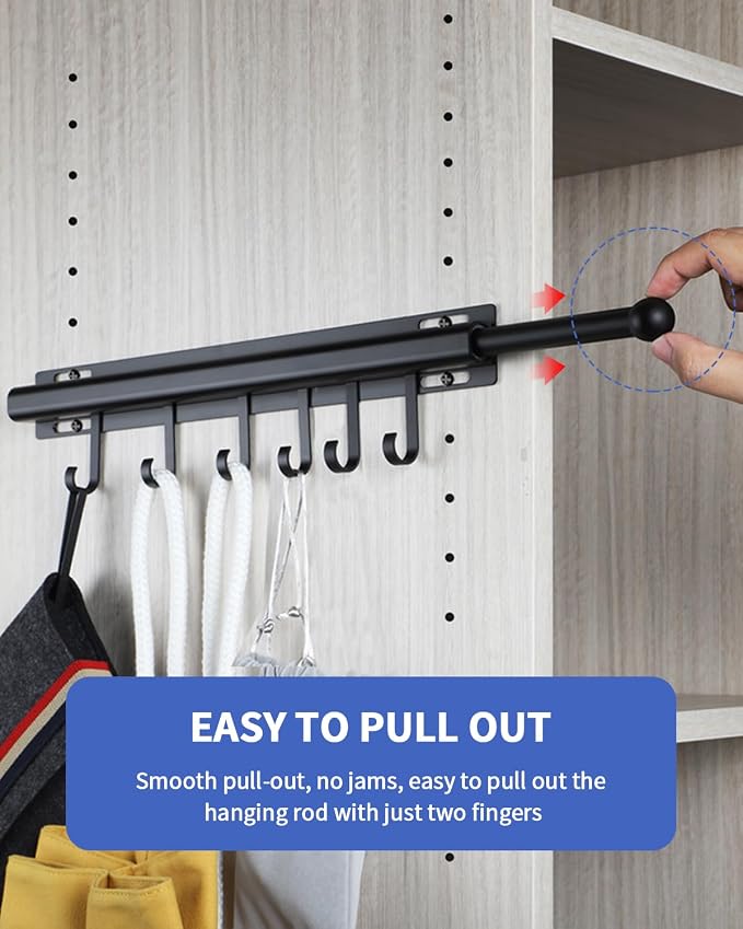 BaiNong Valet Rod for Closets Pull Out 16.5" Black with 6 Hooks | Closet Valet Rod Slide Out for Closets, Laundry Rooms, RVs Space-Saving