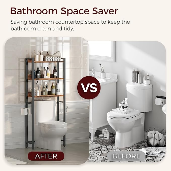 MAHANCRIS Over The Toilet Storage Rack, 3 Tier Bathroom Organizer Over Toilet, Freestanding Space Saver Toilet Stand with 2 Hooks, Bathroom Storage Shelf, Easy to Assemble, Rustic Brown TSHR6001