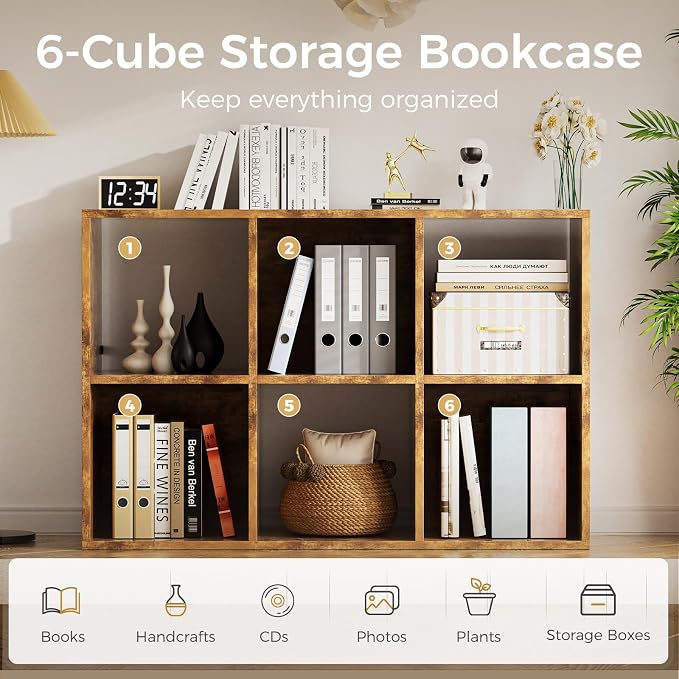 COMHOMA 6 Wood Cube Storage Organizer with Open Back and Removable Back Panels, 11In Brown Cube Storage Bookshelf, Cubicle Shelf Bookcase for Home Office Bedroom Living Room, Vertical or Horizontal