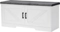 HOMSHO Farmhouse Shoe Storage Bench with 2 Barn Doors & Padded Seat Cushion | 39.4" Wide Entryway Bench with Adjustable Shelves & Hidden Storage, White