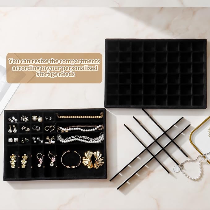 Large Stackable Jewelry Tray 4 Pack Velvet Jewelry Display Drawer Inserts Trays Organizer for Earring Bracelet Necklace Ring (Black, 48 Grids)