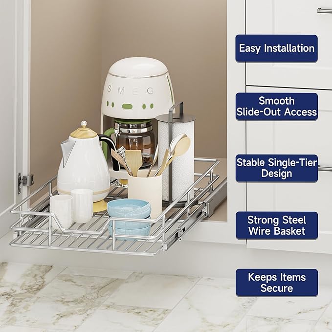 Pull Out Cabinet Organizer, 13.5" W x 21.5" D, Heavy Duty Chrome Slide Out Shelf for Base Cabinets, Sliding Wire Basket Drawer for Pantry Items, Bowls, Containers & Cleaning Supplies
