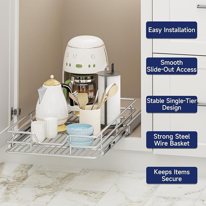 Pull Out Cabinet Organizer, 12.5" W x 21.5" D, Heavy Duty Chrome Slide Out Shelf for Narrow Base Cabinets, Sliding Wire Basket Drawer for Spices, Bottles, Snacks & Cleaning Supplies