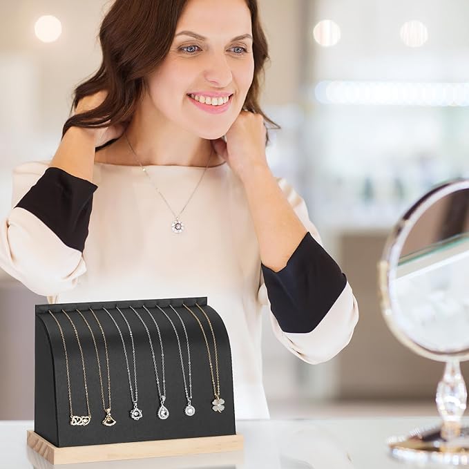 KUKUVR PU Cambered Necklace Display Stand for Women, Wood Base Jewelry Holder Rack for Necklace Pendant Bracelet Chains, Necklaces Storage Organizer Showcase for Selling Vendors exhibition (Black)