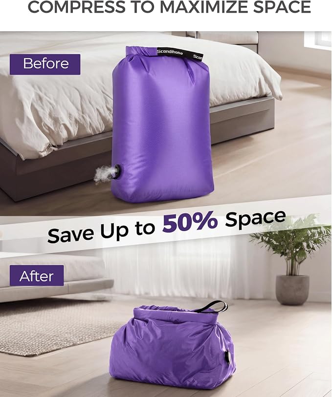 Compression Travel Laundry Bag for Dirty Clothes, Pump-Free Laundry Bag for Suitcase & Dorm, Waterproof Wet Dry Clothes Organizer, Large Capacity Space Saving Travel Bag (1 Pcs)(Purple, M)