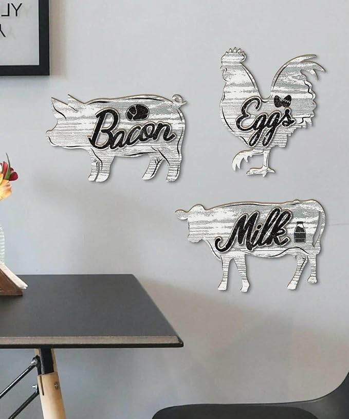 Putuo Decor Kitchen Wall Decor Sign Set Eggs Bacon Milk Rustic Farmhouse Food Theme Wall Art for Home Kitchen Dining Area Apartment Decor