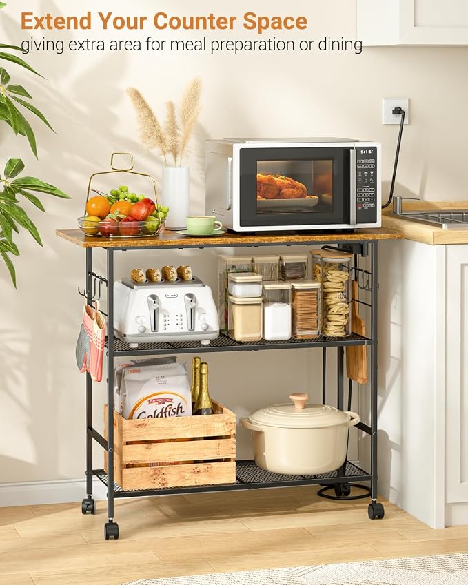 Kitchen Island with Power Outlet, Rolling Kitchen Cart with 6 Hooks and Protective Shelf, Microwave Stand on Lockable Wheels, Bakers Rack Coffee Bar for Dining, Living Room, Outdoor, Metal Frame
