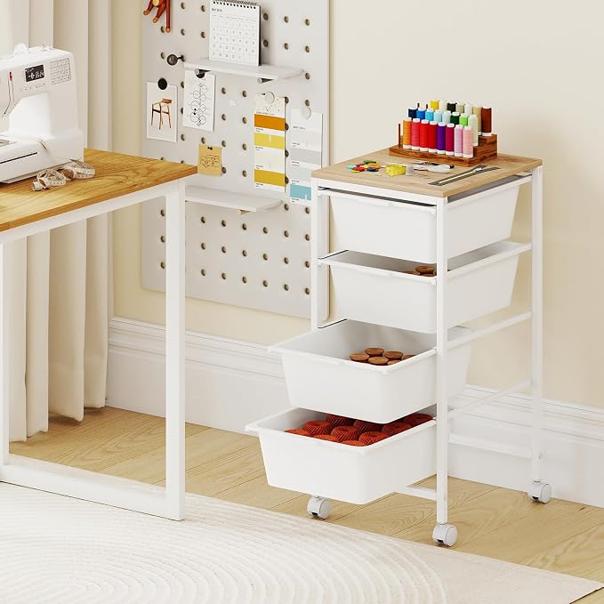 GOFLAME 4-Drawer Rolling Storage Cart, Craft Storage Cart with Wooden Tabletop and Lockable Wheels, Art Cart Supply Storage Organizer with Metal Frame for Home Office Classroom, White