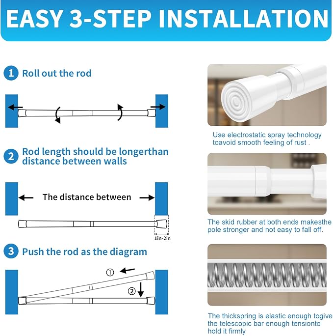 2Pcs Tension Curtain Rods for Windows 16 to 28 inch, Adjustable Pressure Spring Curtain Rods No Drilling Small Tension Rods, White Curtain Rods for Bedroom Doorway Closet Door