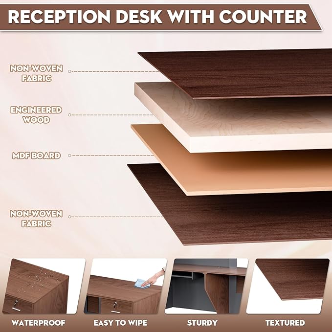 L-Shaped Large Wooden Reception Desk, Modern Front Desk Reception Counter with Lockable Drawers, Storage & Keyboard Tray for Office Lobby Checkout (Right-Brown + Black, 87''L x 42''W x 41''H)
