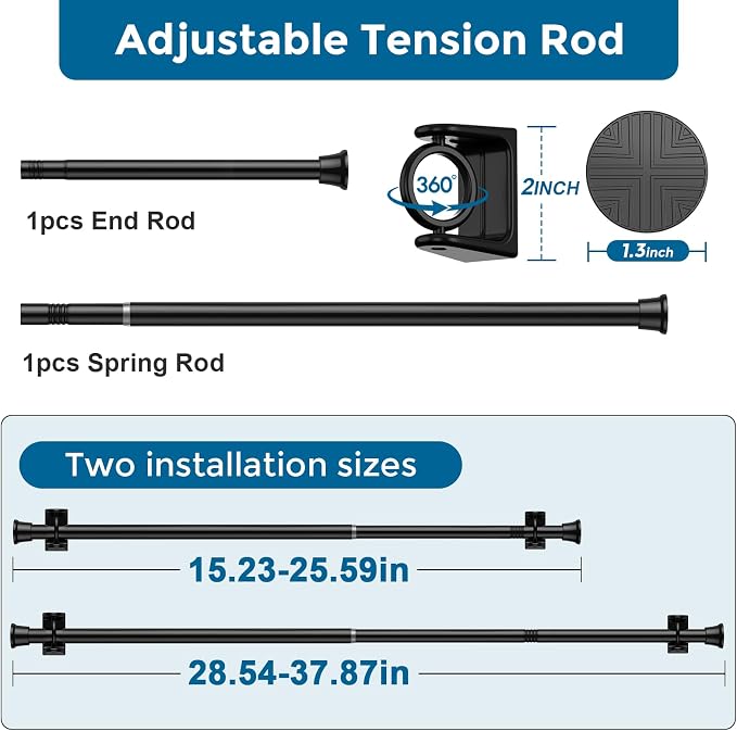 2PCS Black Tension Curtain Rod 18-36 Inch Adjustable Curtain Rod No Drilling Tension Rods Small Spring Tension Curtain Rods, for Windows, Door And Closet. (With Two Set Rod Holders)