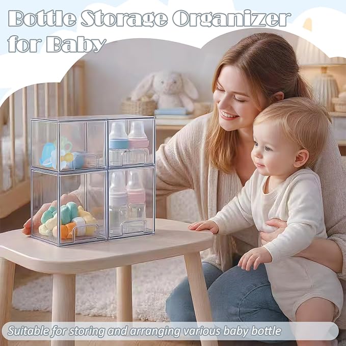 Baby Bottle Organizer with Hooks - 4 Pack Stackable Storage Drawer | Baby Bottle Organizers and Storage, Clear Acrylic Multipurpose Bottle Storage for Countertop