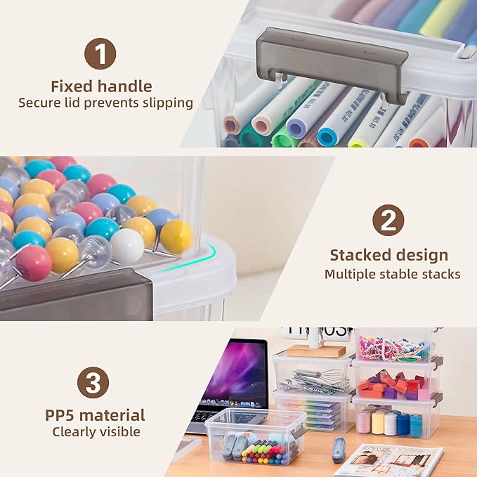 8Packs 3.2Qt Small Clear Storage Bins with Lids, Plastic | Containers with Lids for Crafts, Beads, Stationery, Toys and Accessories. Stackable to Save Space at Home,Office