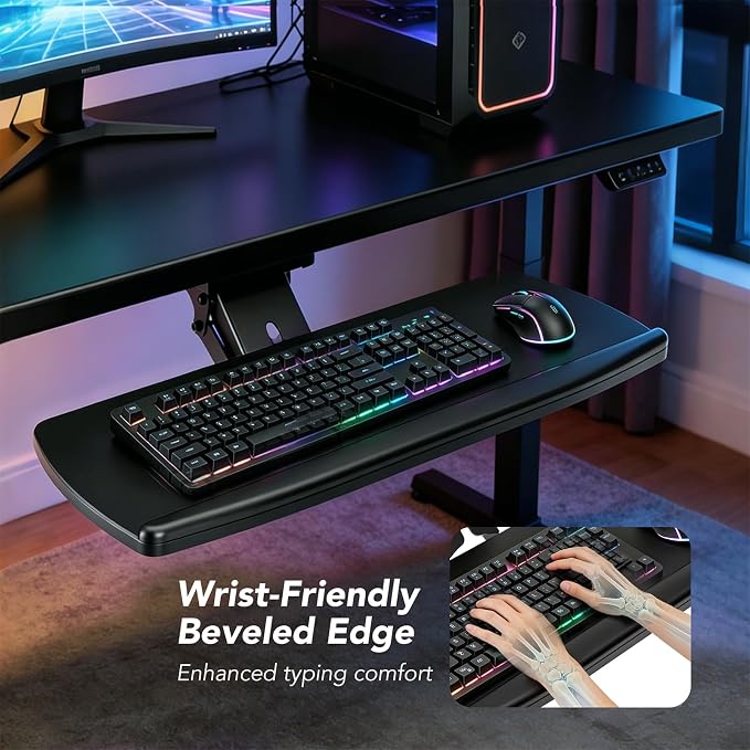 Keyboard Tray Under Desk with Storage Drawer, Height Adjustable Keyboard Tray Slide Out 360° Swivel Tilt, Ergonomic Under Desk Mount Keyboard & Mouse Holder for Gaming Home Office, Black