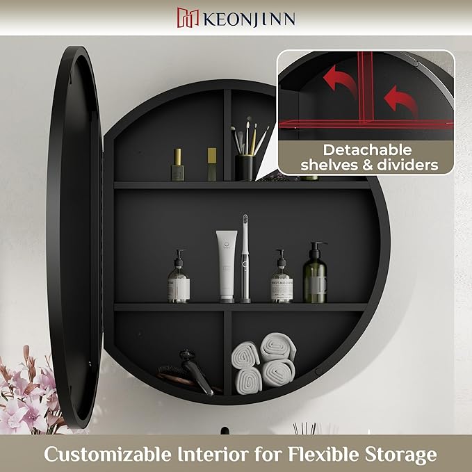 Keonjinn 30 in Round Black Medicine Cabinets with Mirror, Large Farmhouse Medicine Cabinet for Bathroom, Circle Bath Mirror with Storage, Metal Frame Medicine Cabinet for Wall with Detachable Shelves