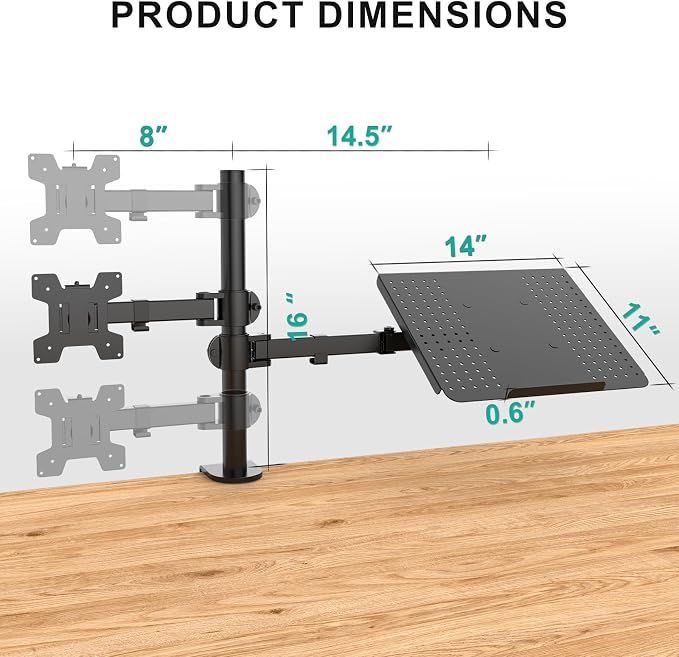 WALI Dual Arm Laptop and Monitor Desk Mount for 17" Notebook and Up to 27" Screen, Fully Adjustable Monitor Arm with Laptop Tray, VESA 75x75 100x100, Holds up to 22 lbs, Black (M001LP)