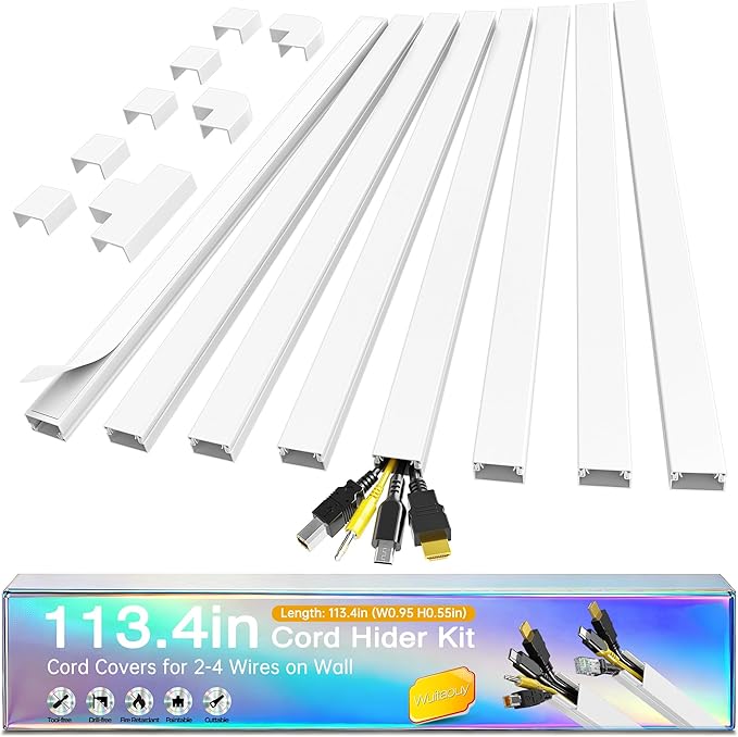 Cord Hider Kit, 113.4in Cord Covers for 2-4 Wires on Wall, Self-Adhesive Cable Hider Wire Covers for Cords on Wall, Paintable Cable Cover Raceway, Cord Hider for Walls Mount Tv, W0.95 H0.55in, White