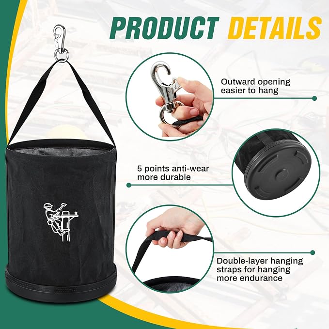 4 Pack 15" x 12" Canvas Tool Bucket Bag, Heavy Duty 150 Lbs Load Capacity, Truck Tool Organizer with Plastic Bottom Metal Hook for Linemen Electricians & Construction Workers (Black)