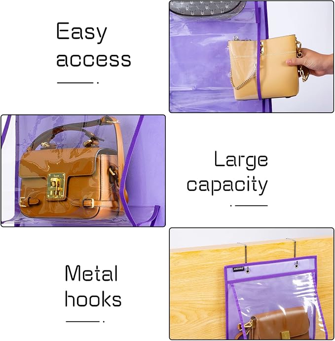 Over Door Hanging Purse Organizer Handbags Holder with 5 Easy Access Pockets Organizer Storage for Towel Scarf Umbrella (Purple)