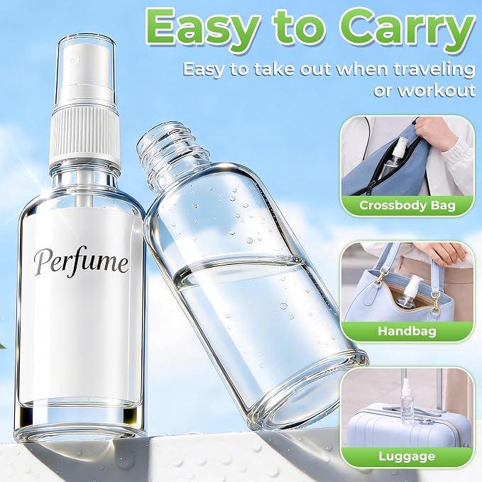 JTIEO 24 Pack 2oz(50ml) Small Glass Spray Bottle, Mini Travel Size, Clear Fine Mist Refillable Bottle for Essential Oils, Perfume & Hair, with Funnel, Pipette, 24 Spray Heads and 48 Waterproof Labels.