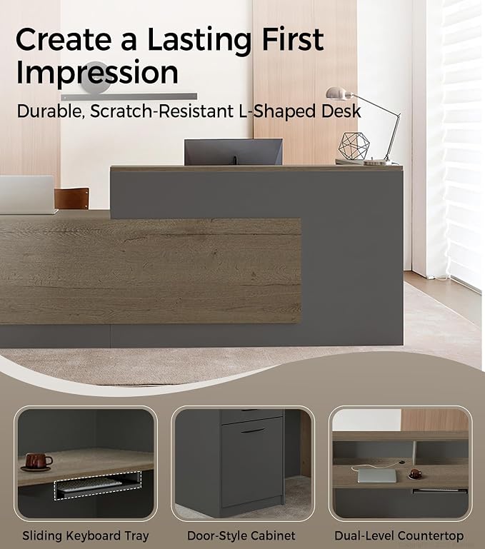 Modern L-Shaped Reception Desk with Counter - 63 Inches Front Desk with Storage Cabinet, Open Shelves, Lockable Drawer & Keyboard Tray for Office, Lobby, Checkout (Tobacco Wood & Iron Gray - Left)
