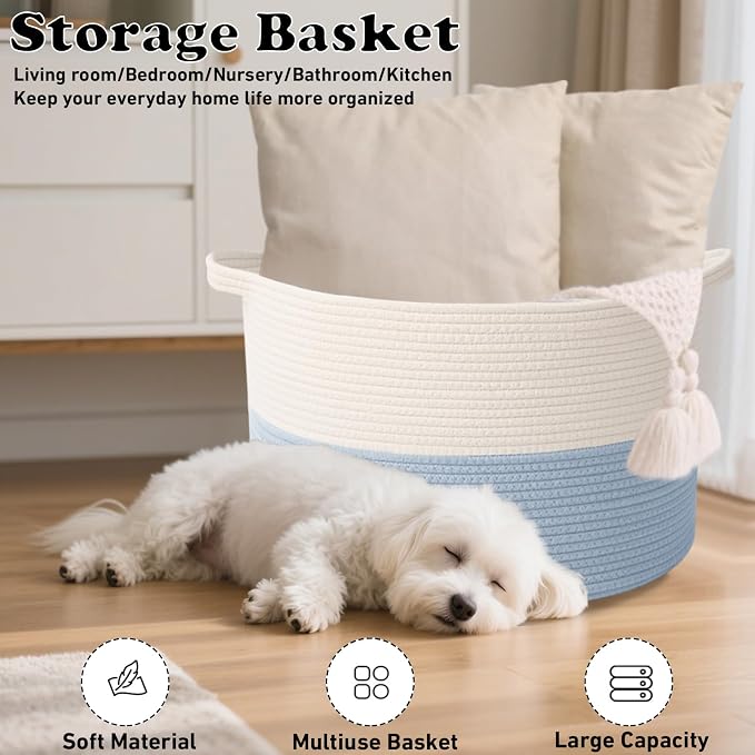 65L Extra Large Woven Cotton Rope Blanket Basket with Handles, Laundry Hamper Storage Bin for Pillows, Comforters,Clothes, Toys, Nursery, Bedroom and Living Room Organization,White&Blue