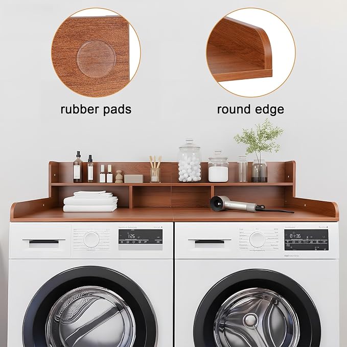 Washer Dryer Countertop with Shelf, 2-Tier Laundry Countertop Over Washer and Dryer, 54" x 27.55" Wooden Table for Folding Clothes for Laundry Room Organization and Storage (Walnut)