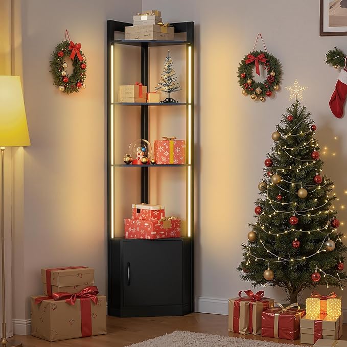 5-Tier RGB Display Cabinet, 65" Tall Corner Shelf Stand with Storage | RGBWIC LED Light, Remote & APP Control, Adjustable Brightness/Color Temp, Floor Lamp Shelves for Living Room, Bedroom