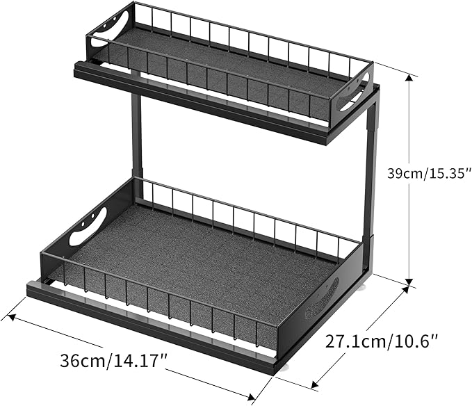 JAQ Under Kitchen Sink Organizer, 2 Tier Metal Slide Out Under Cabinet Storage Shelves Rack for Kitchen Bathroom Pantry Lanudry, Attractive emoji Smile Handle (Black, 1 Pack)