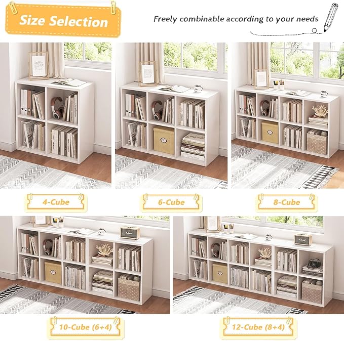 NELYE 6 Cube Organizer Bookcase White Open Shelf | Suitable for 11-inch Fabric Storage Bins, Simple Compartments Bookshelf, Holds 20 Lbs per Cube