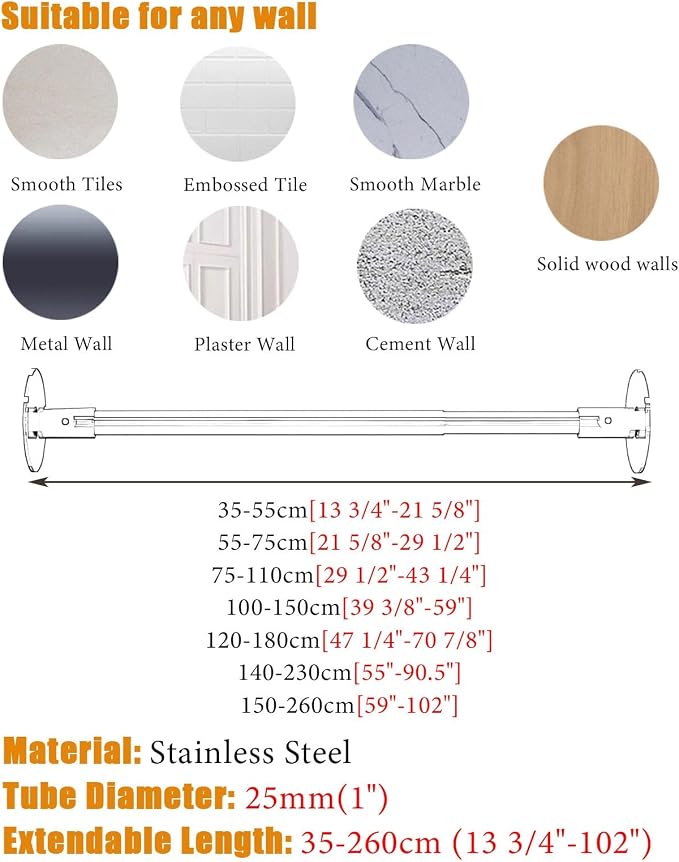 Closet Rod Flange Adjustable Closet Rod for Angled Wall, Retractable Corner Shower Curtain Rod Stainless Steel, 180° Swivel Hanging Clothes Support Pole(White,140-230cm(55"-90.5"))